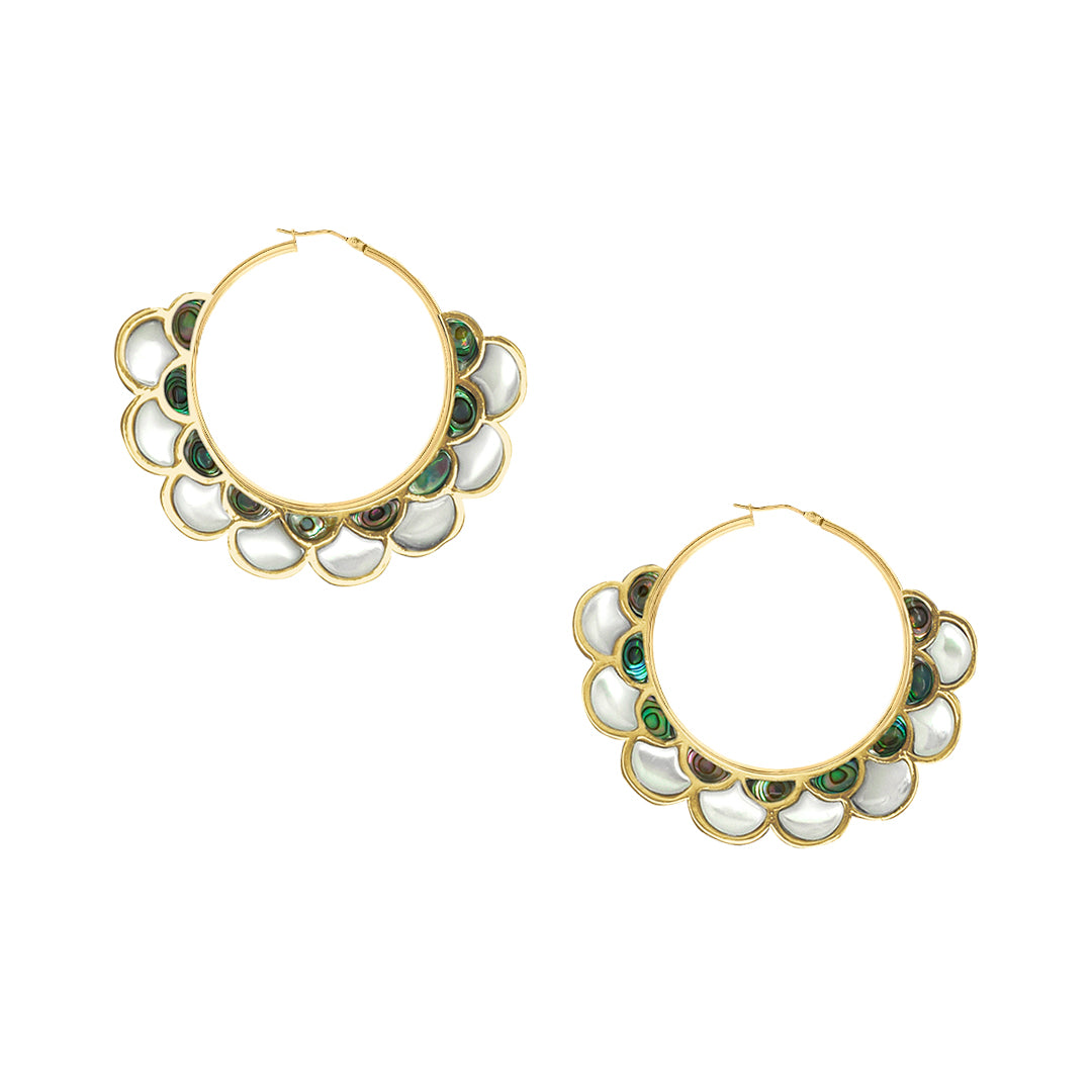 Koi Cascade Mother of Pearl Small Hoop Sterling Silver Earrings in white mother of pearl with abalone on gold I Jan Leslie Cufflinks and Accessories. 