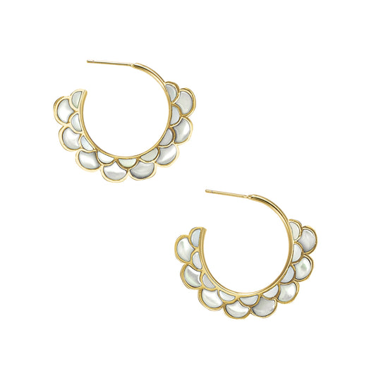 Koi Cascade Mother of Pearl Small Hoop Sterling Silver Earrings in white mother of pearl on gold I Jan Leslie Cufflinks and Accessories. 