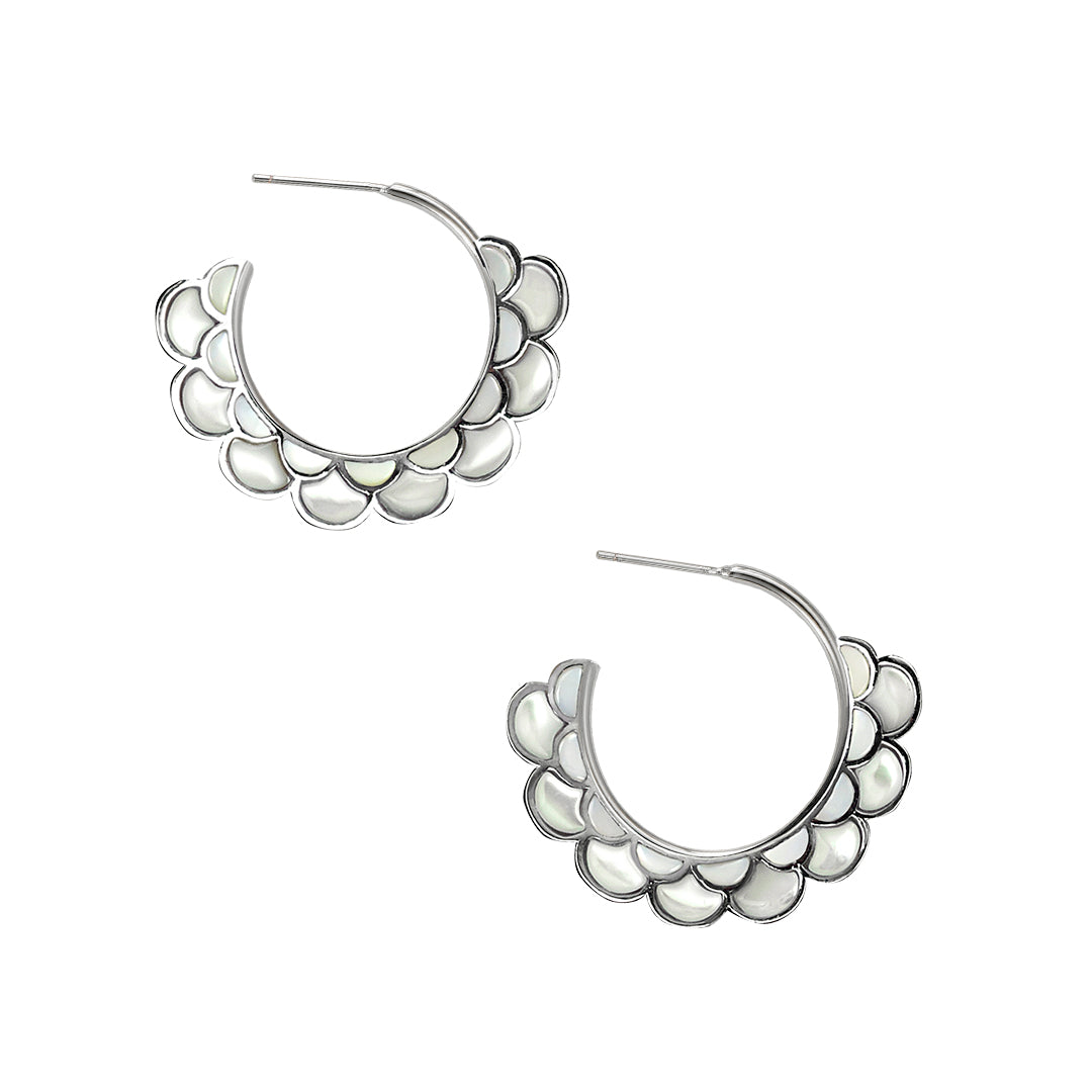 Koi Cascade Mother of Pearl Small Hoop Sterling Silver Earrings on white mother of pearl on silver I Jan Leslie Cufflinks and Accessories. 