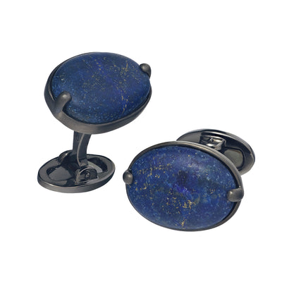 Matte lapis gemstones hand carved into perfect ovals and placed on black ruthenium sterling silver cufflinks. No two stones are exactly alike. 