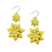 Yellow enamel double tiered lotus flower dangle earrings with crystal centers on sterling silver hooks