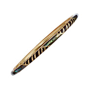 Gold vermeil bangle bracelet with dark brown diagonal stripe enamel and iridescent abalone inlay