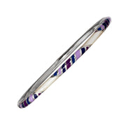 Sterling silver bangle bracelet with purple lavender and navy diagonal stripe enamel inlay