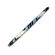 Sterling silver bangle bracelet with turquoise and navy diagonal stripe enamel inlay 