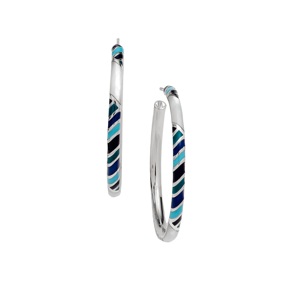 Stripe Enamel & Gemstone Sterling Silver 35mm Hoop Earrings in blue on silver I Jan Leslie Cufflinks and Accessories. 