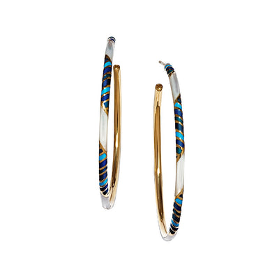 Stripe Enamel & Gemstone Sterling Silver 55mm Hoop Earrings in blue on gold I Jan Leslie Cufflinks and Accessories. 