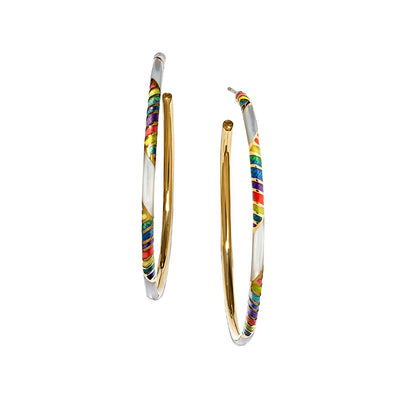 Stripe Enamel & Gemstone Sterling Silver 55mm Hoop Earrings in rainbow on gold I Jan Leslie Cufflinks and Accessories. 