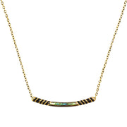 Curved bar necklace with diagonal black enamel stripes and iridescent abalone shell center inlay