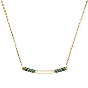 Curved bar necklace with diagonal teal green and navy enamel stripes and white mother of pearl center inlay