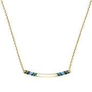 Curved bar necklace with diagonal turquoise and cobalt blue enamel stripes and white mother of pearl center inlay