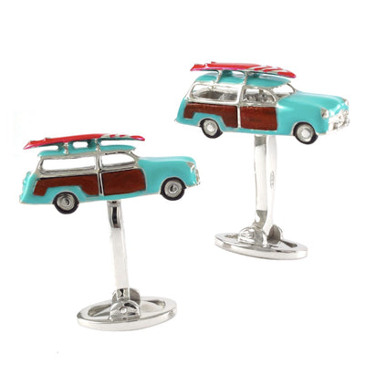 Hand Painted Retro Surf Van Sterling Silver Cufflinks with Genuine Wood Inlay I Jan Leslie Cufflinks and Accessories. 