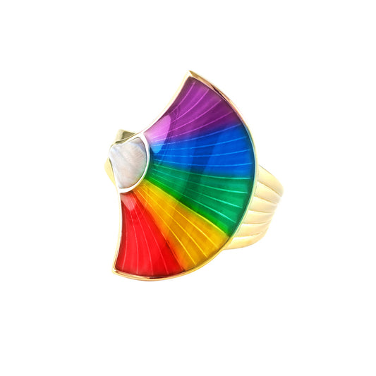 Fan Gemstone & Enamel Vermeil Sterling Silver Ring Media in mother of pearl and rainbow on gold I Jan Leslie Cufflinks and Accessories. 