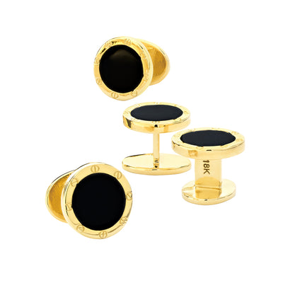 Onyx Gemstone with Rivet Etch Detail 18K Yellow Gold Tuxedo Studs I Jan Leslie Cufflinks and Accessories. 