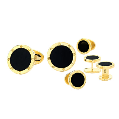Onyx Gemstone with Rivet Etch Details 18K Yellow Gold Cufflinks & Tuxedo Studs I Jan Leslie Cufflinks and Accessories. 