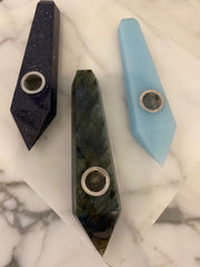 Three faceted gemstone smoking pipes in blue goldstone labradorite and blue selenite with metal bowl inserts