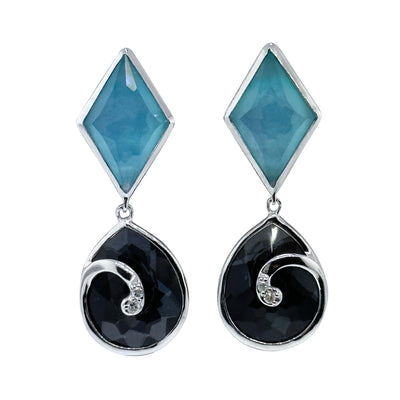 Faceted Gemstone and Diamonds Sparkle Earrings - Jan Leslie . Top gemstone Turquoise and quartz doublet. Bottom gemstone - faceted black onyx doublet. Accented with diamonds 