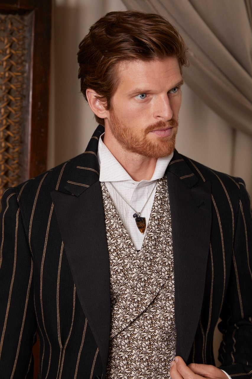 Male model wearing One of a Kind Arrow Pendant Sterling Silver Necklace. 