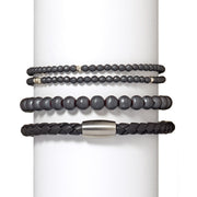 Four-piece men's Joseph bracelet stack with double faceted grey hematite bead strands large grey hematite round bead bracelet and dark brown braided leather bracelet with steel magnetic clasp