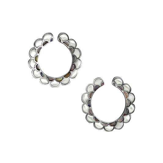 Koi Cascade Mother of Pearl Hoop Sterling Silver Earrings in white mother of pearl with brown mother of pearl on silver.