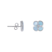 Four-petal clover stud earrings with iridescent green blue and silver abalone shell inlay panels 