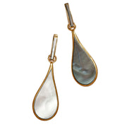Mismatched open teardrop outline in white mother of pearl and filled dark charcoal mother of pearl drop earrings 
