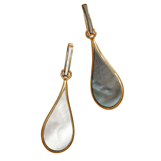 Mismatched open teardrop outline in white mother of pearl and filled dark charcoal mother of pearl drop earrings 