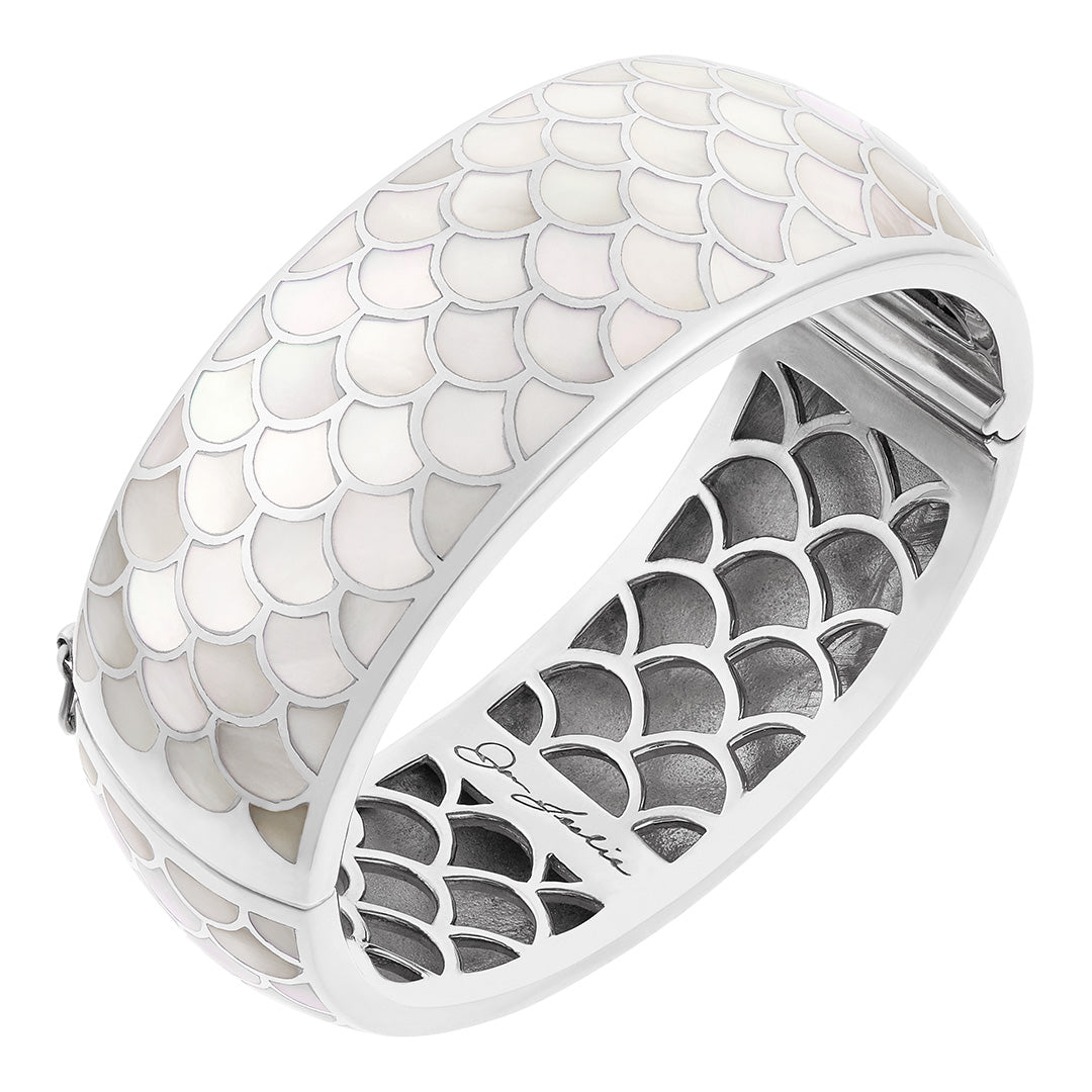 Koi Cascade Mother of Pearl Wide Sterling Silver Bangle Bracelet in white mother of pearl on sterling silver I Jan Leslie Cufflinks and Accessories. 
