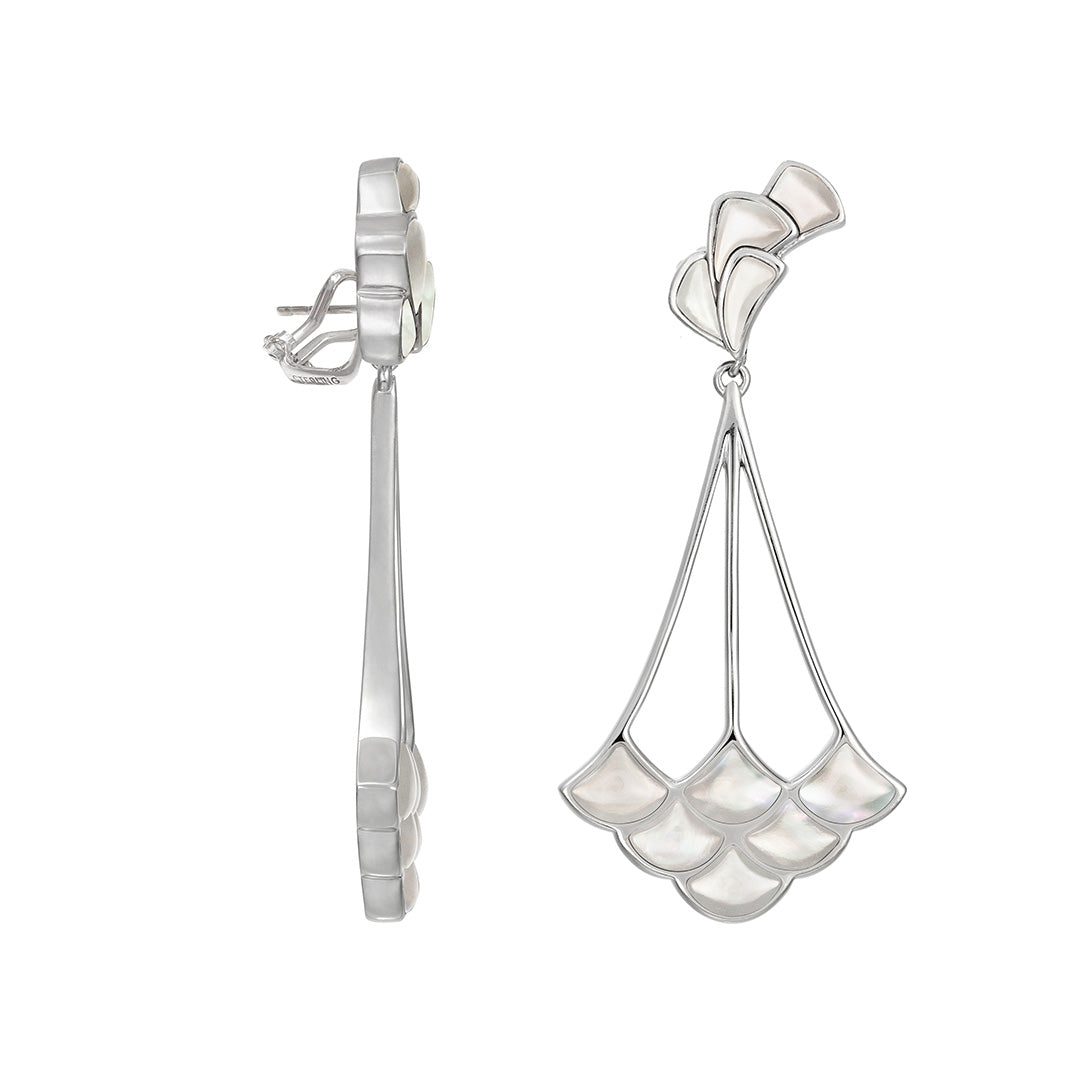 Front and side view of Jan Leslie's Koi Cascade Two-Tier Mother of Pearl Drop Sterling Silver Earrings in white mother of pearl on silver. 