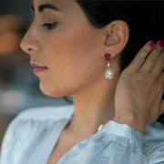 Rough ruby trillion and oval moonstone diamond drop earrings in 18k gold vermeil on model.