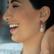 Rough ruby trillion and oval moonstone diamond drop earrings in 18k gold vermeil on model