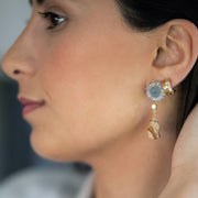 One-of-a-kind solar quartz druzy and picture jasper teardrop 18K gold vermeil drop earring close-up on model