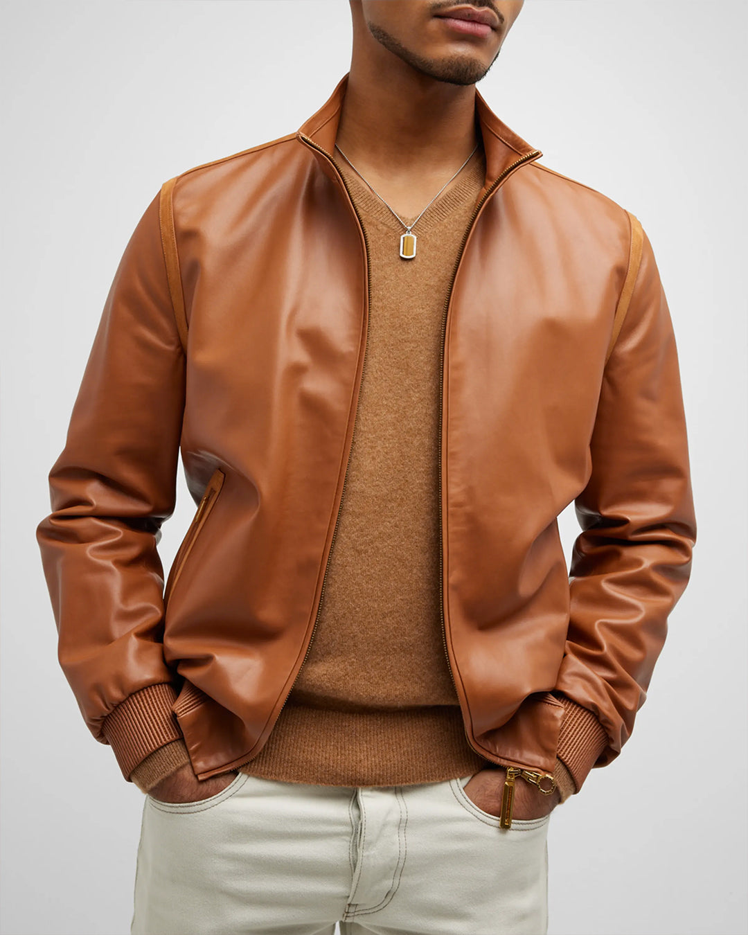 Male model wearing Tiger's Eye Gemstone Plaque Sterling Silver Pendant Necklace.