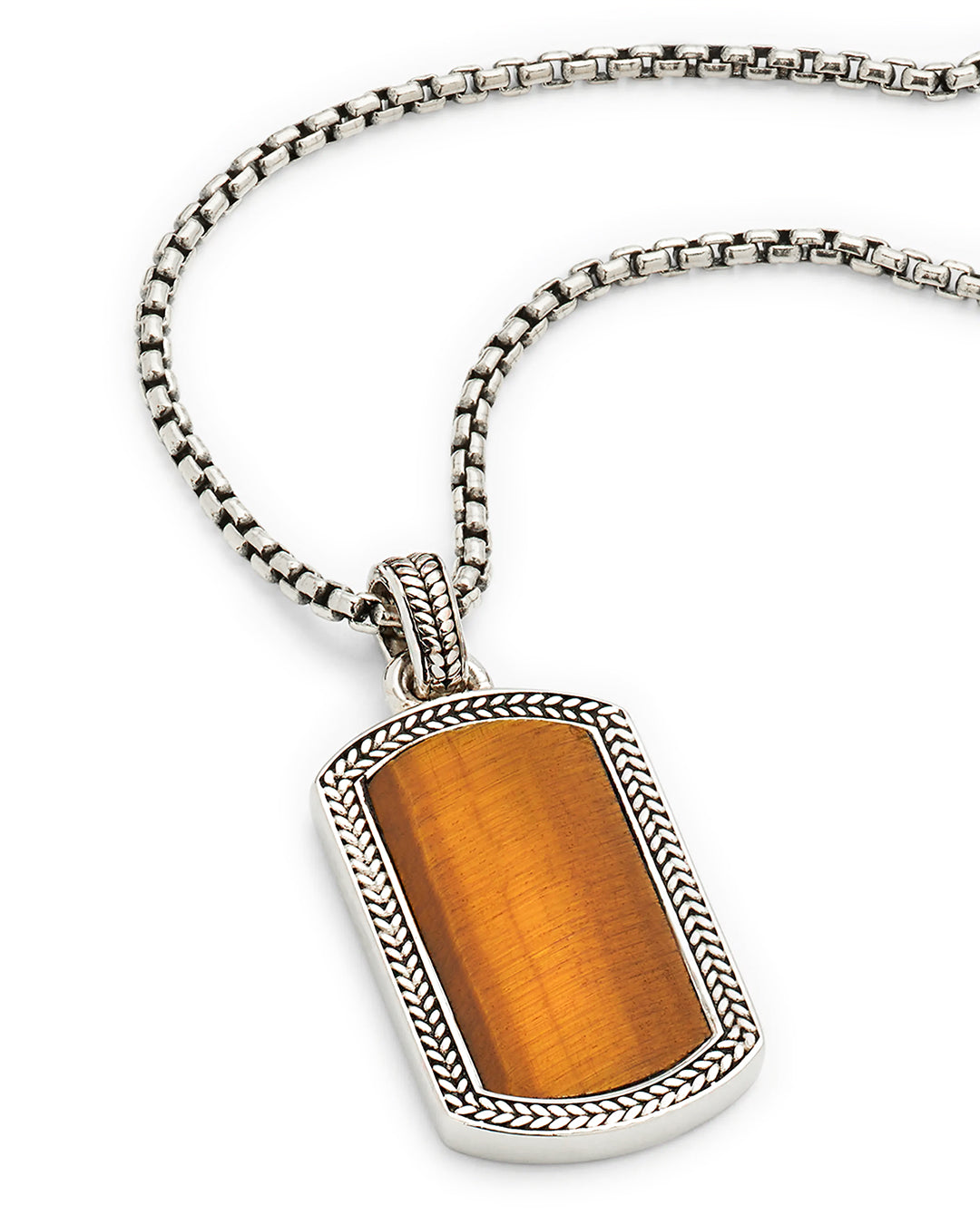 Close up of the Tiger's Eye Gemstone Plaque Sterling Silver Pendant Necklace by Jan Leslie.