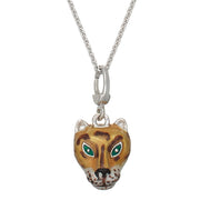 Hand-painted sterling silver wild cat charm necklace with green enamel eyes and diamond accents