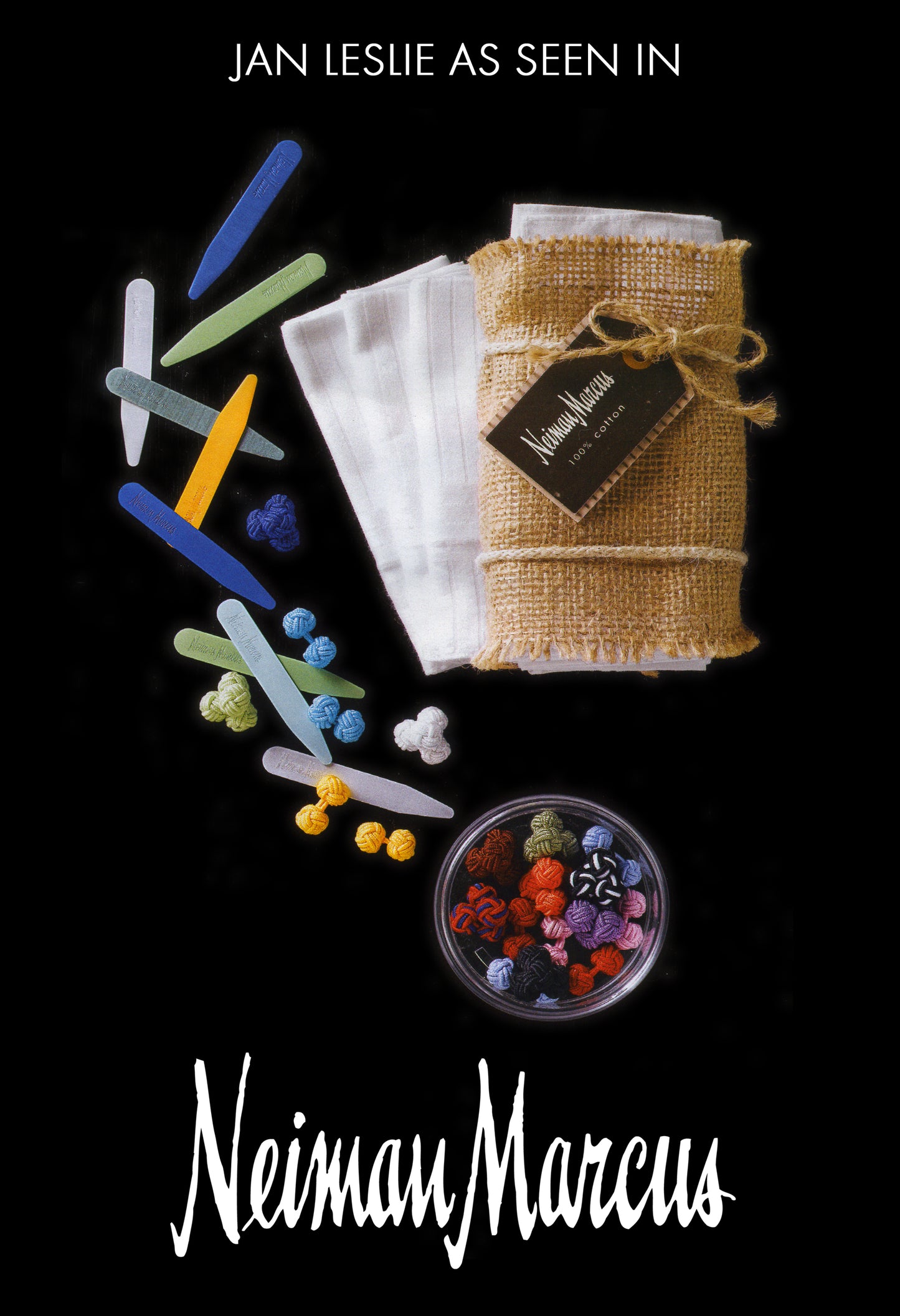 Neiman Marcus Advertisement with colored collar stays and Assorted  Colorful Knot Cufflinks featured. 