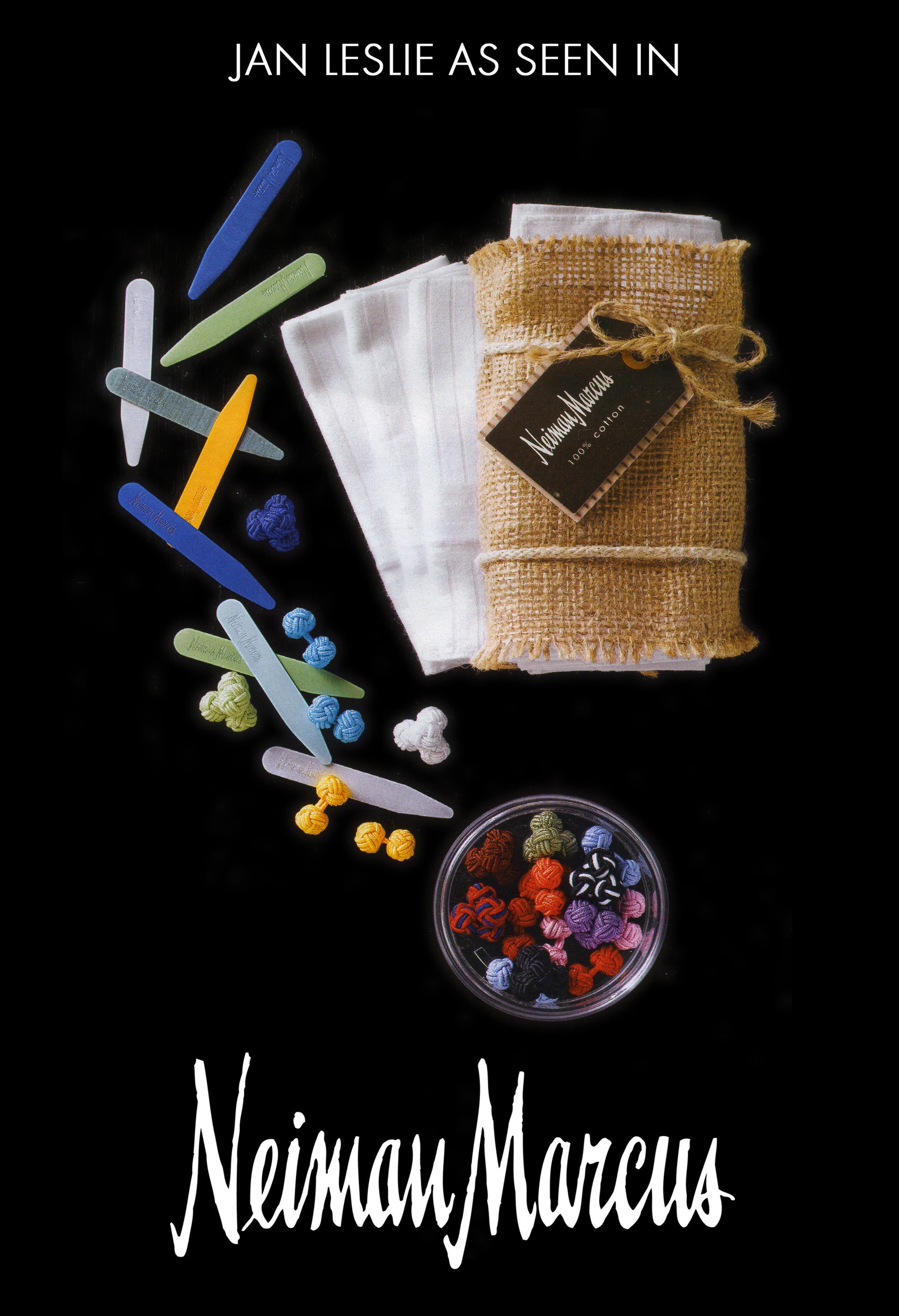 Neiman Marcus Advertisement with colored collar stays and Assorted  Colorful Knot Cufflinks featured. 