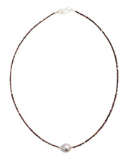 Full picture of the Freshwater Pearl Center Chocolate Shell Beaded Necklace with Sterling Silver Accents. 