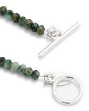 Close up of the sterling silver toggle closure on the Emerald Beaded Necklace with Sterling Silver Accents and Toggle Closure. 