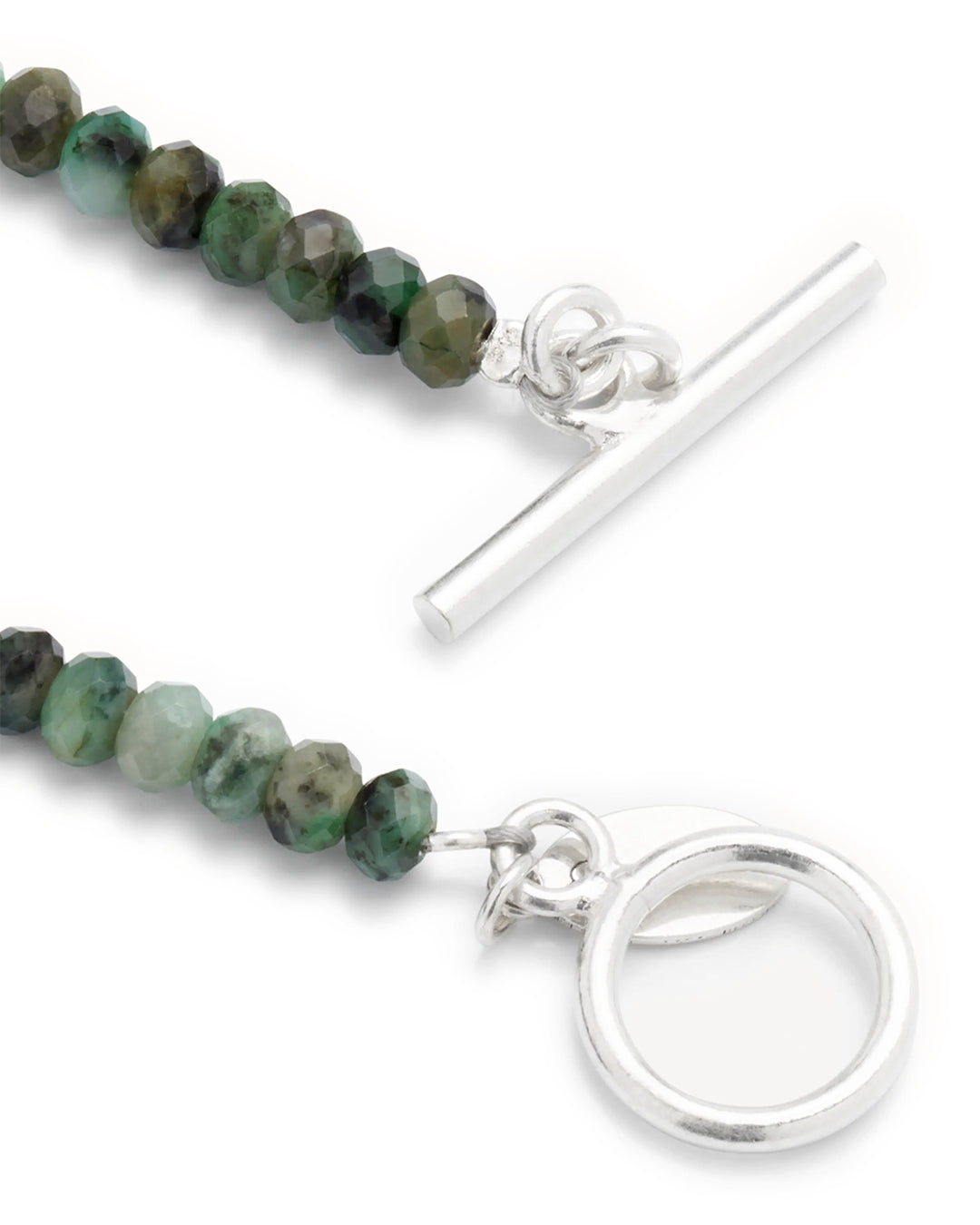 Close up of the sterling silver toggle closure on the Emerald Beaded Necklace with Sterling Silver Accents and Toggle Closure. 