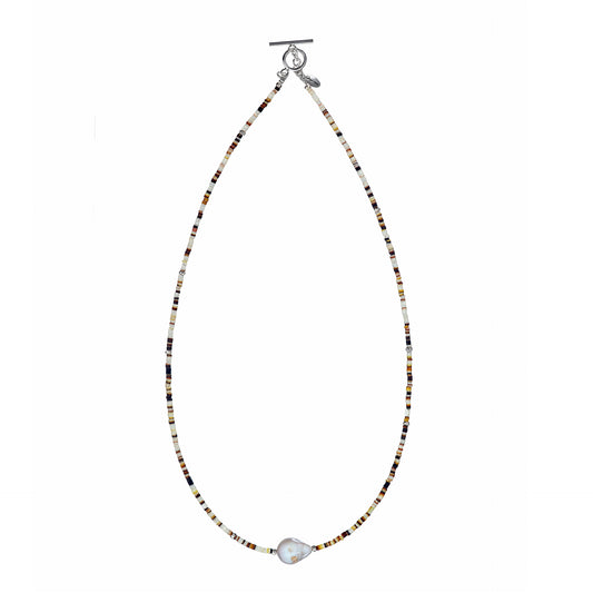 Full picture of the Shell Beaded Necklace with Freshwater Pearl Center and Sterling Silver Accents.