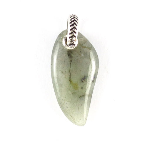 Close up of the labradorite gemstone horn pendant finished with 925 sterling silver by Jan Leslie. 