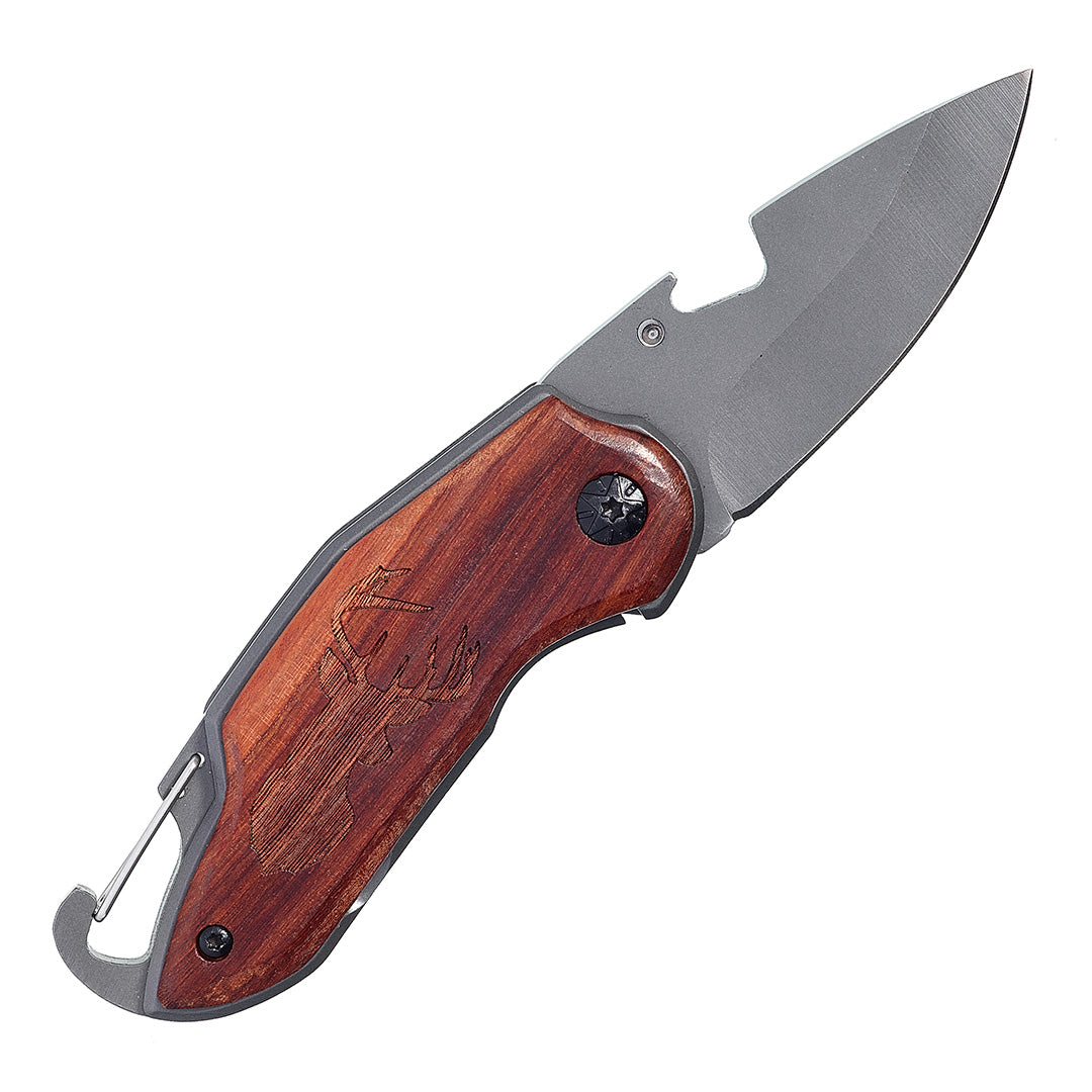Close up of Folding Pocket Knife with Elk Etched Wood Handle- Jan Leslie Cufflinks and Accessories. 