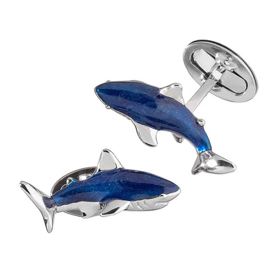 Circling Shark with Hand-painted Enamel & Sterling Silver Cufflinks  in blue enamel I Jan Leslie Cufflinks and Accessories. 