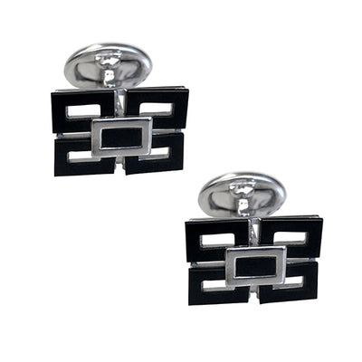 Four Pane Rectangular Cufflinks with Gemstone Centers - Jan Leslie Cufflinks and Accessories. Black Onyx and Sterling Silver 