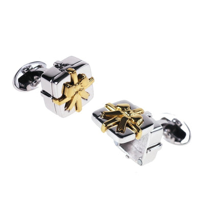 Gift Box Sterling Silver Cufflinks in silver and gold. Side and open box view. 