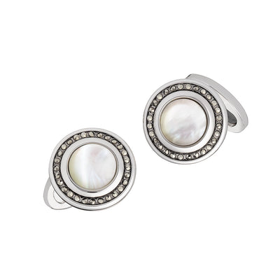 Gemstone with Marcasite Pavé Borders Sterling Silver Cufflinks in white mother of pearl I Jan Leslie Cufflinks and Accessories. 