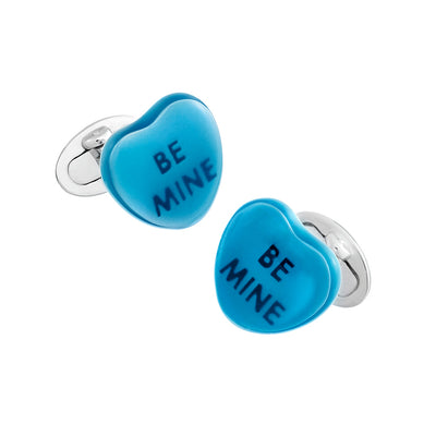 Blue Candy Heart Cufflinks with the phrase "Be Mine" painted on them. 