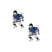 Staggered pair of sterling silver three-dimensional American football lineman cufflinks with navy blue enamel jersey