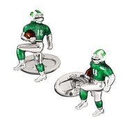 Staggered pair of sterling silver three-dimensional American football running back cufflinks with green textured enamel jersey