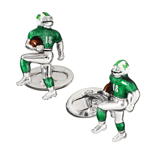 Staggered pair of sterling silver three-dimensional American football running back cufflinks with green textured enamel jersey